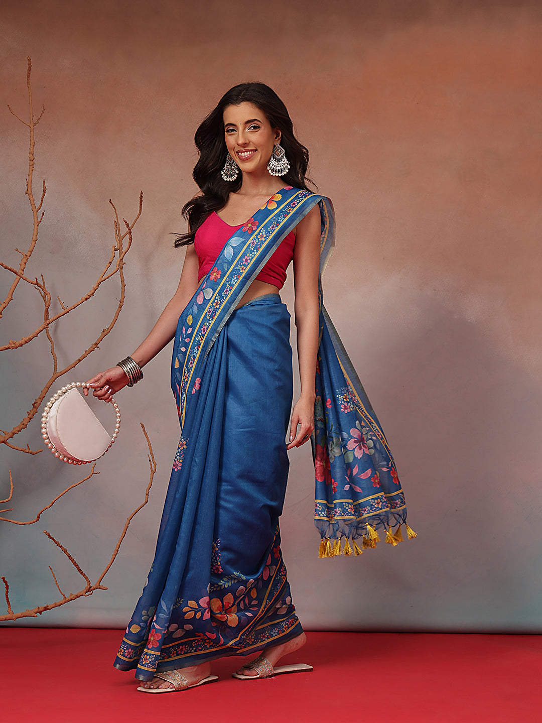 Digital Printed Premium Cotton Blend Chanderi Saree with Traditional Motifs & Tassel