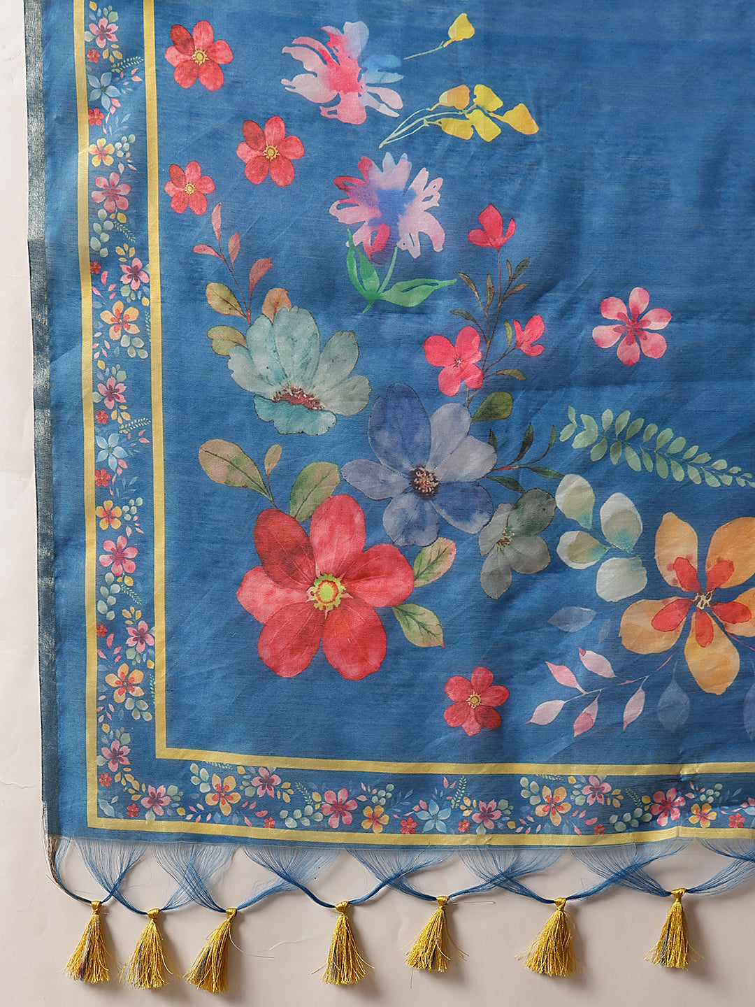 Digital Printed Premium Cotton Blend Chanderi Saree with Traditional Motifs & Tassel