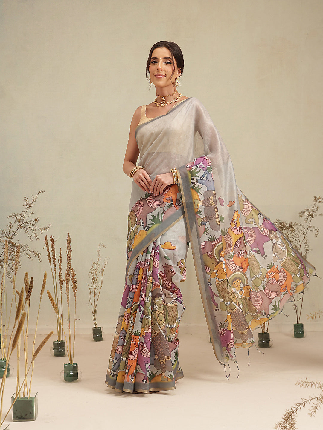 Digital Printed Premium Cotton Blend Chanderi Saree with Traditional Motifs & Tassel