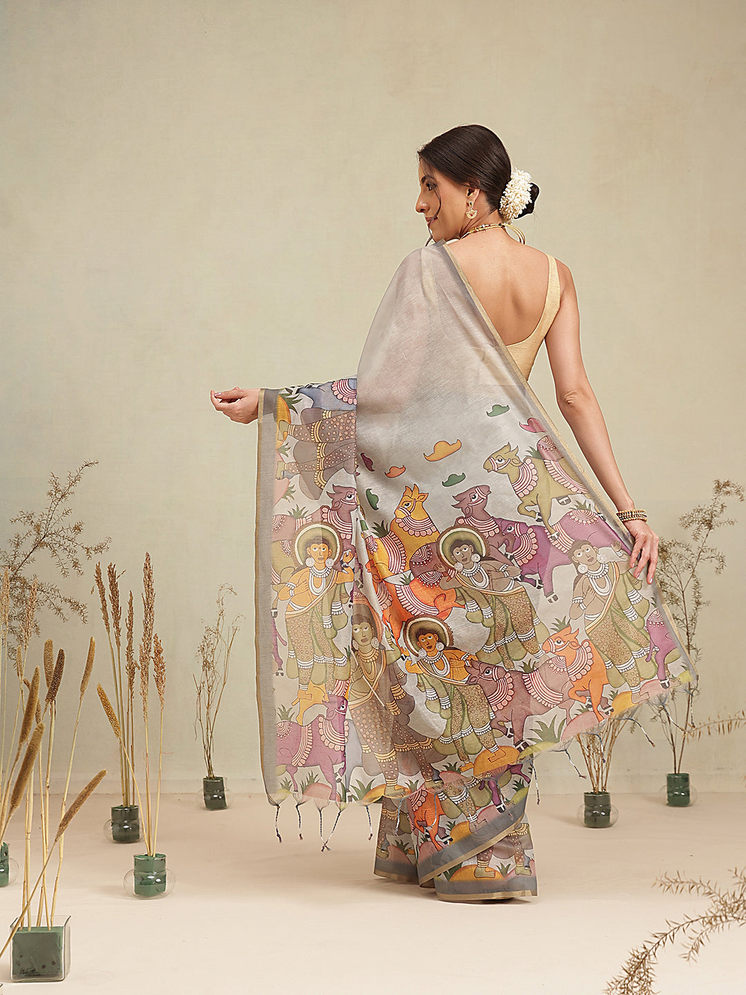 Digital Printed Premium Cotton Blend Chanderi Saree with Traditional Motifs & Tassel