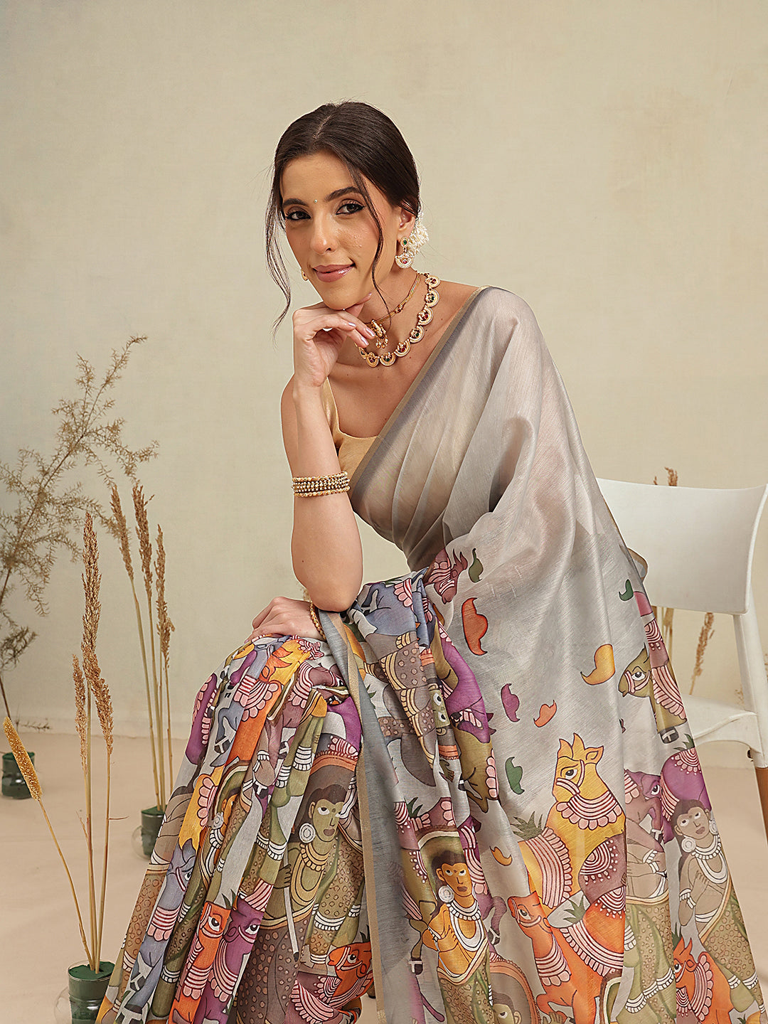 Digital Printed Premium Cotton Blend Chanderi Saree with Traditional Motifs & Tassel