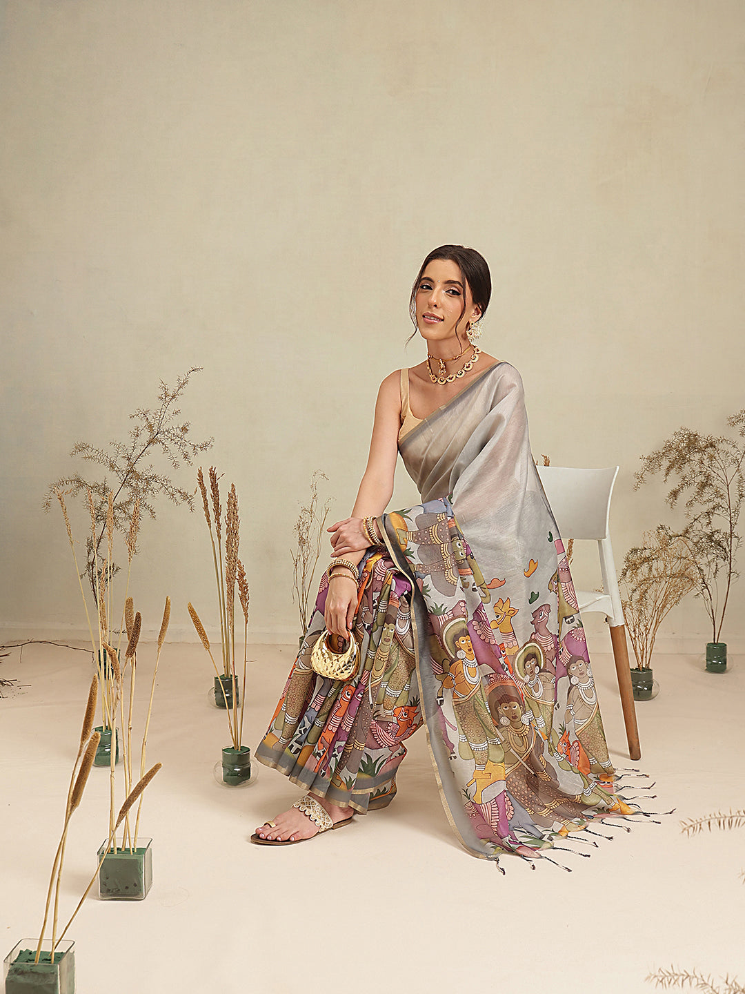Digital Printed Premium Cotton Blend Chanderi Saree with Traditional Motifs & Tassel
