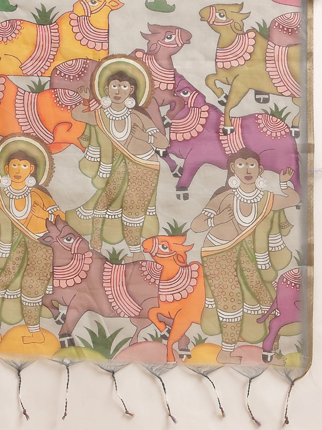Digital Printed Premium Cotton Blend Chanderi Saree with Traditional Motifs & Tassel