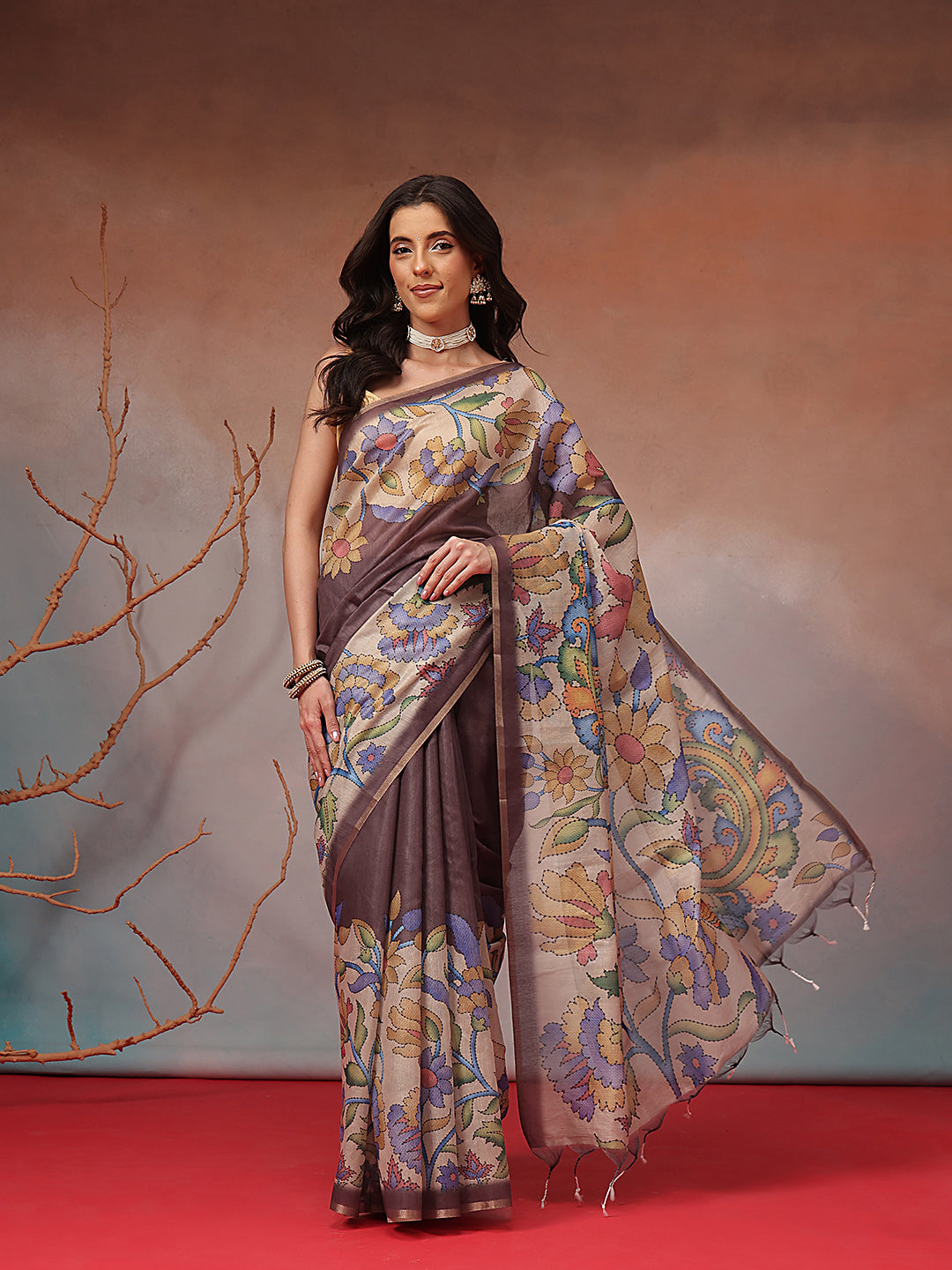 Digital Printed Premium Cotton Blend Chanderi Saree with Traditional Motifs & Tassel