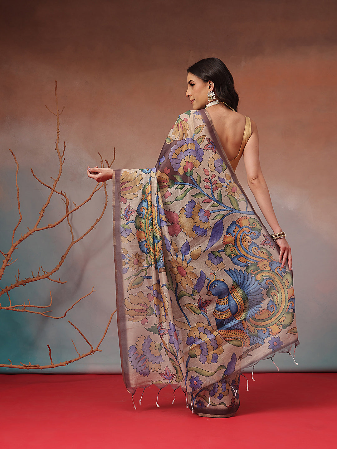 Digital Printed Premium Cotton Blend Chanderi Saree with Traditional Motifs & Tassel