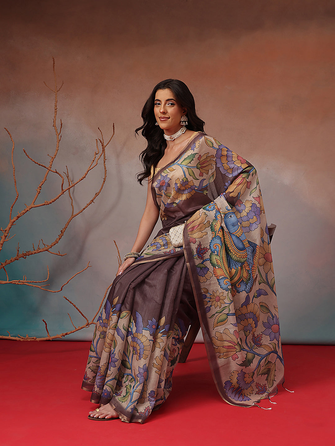 Digital Printed Premium Cotton Blend Chanderi Saree with Traditional Motifs & Tassel