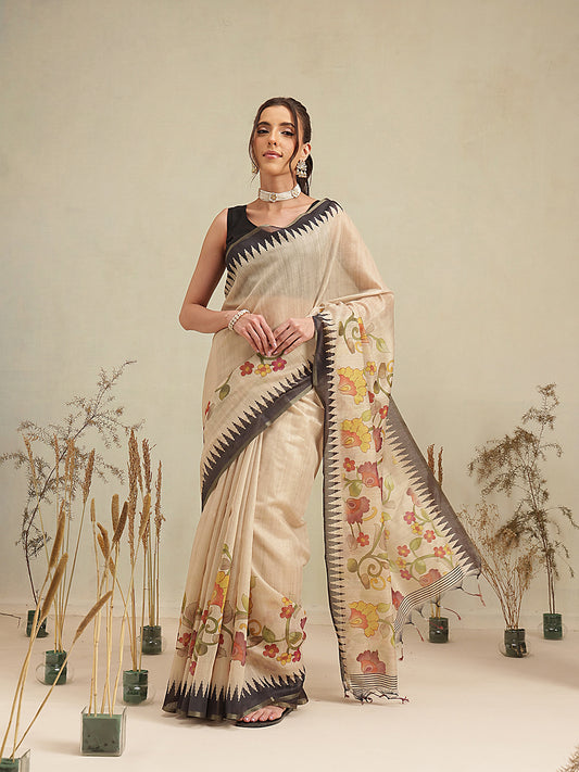 Digital Printed Premium Cotton Blend Chanderi Saree with Traditional Motifs & Tassel