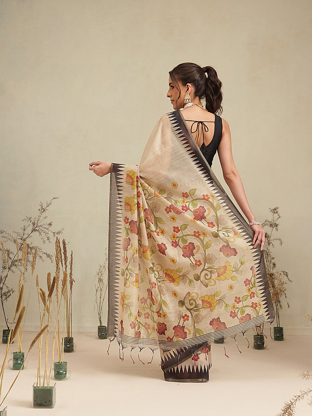 Digital Printed Premium Cotton Blend Chanderi Saree with Traditional Motifs & Tassel