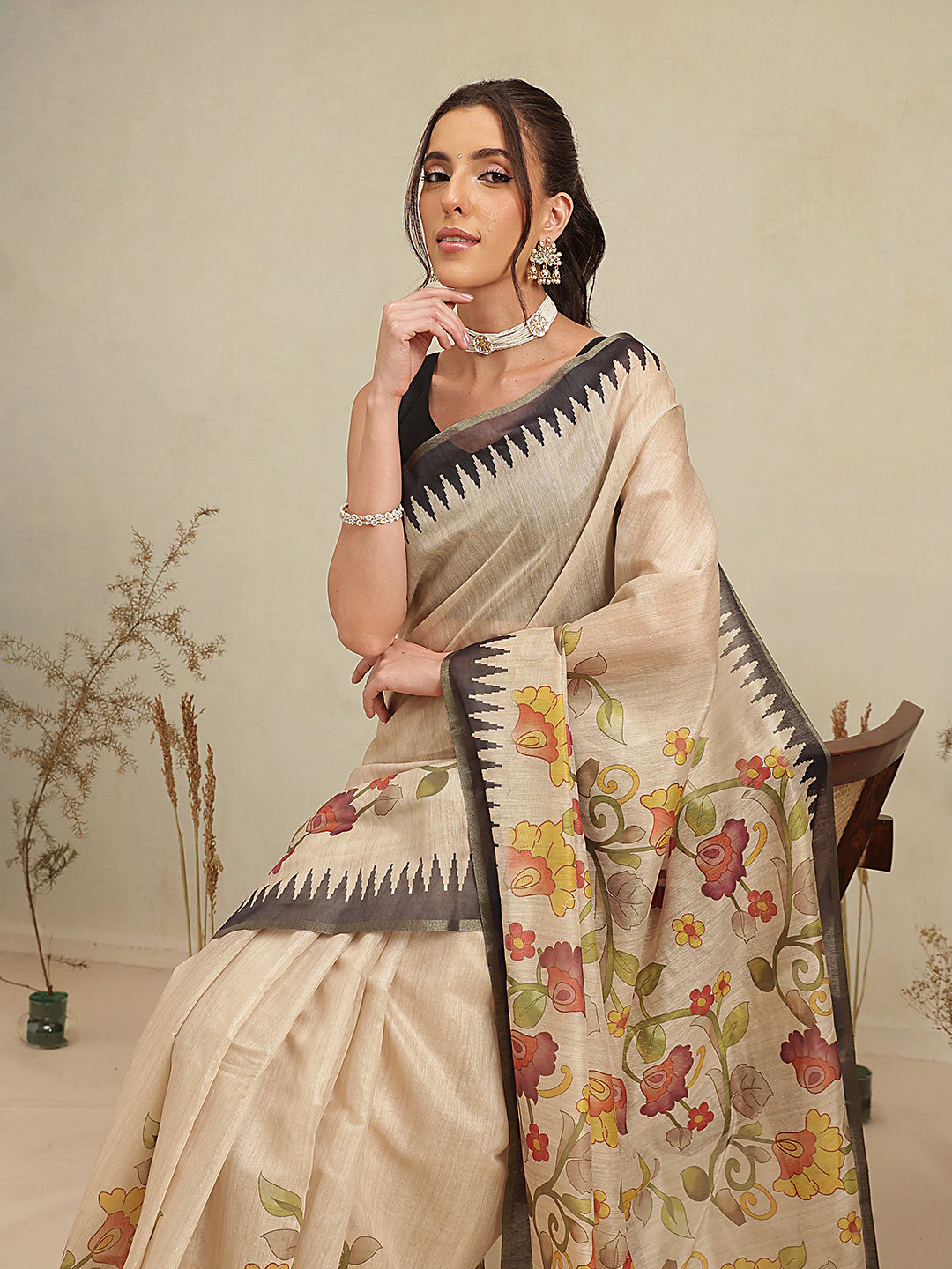 Digital Printed Premium Cotton Blend Chanderi Saree with Traditional Motifs & Tassel
