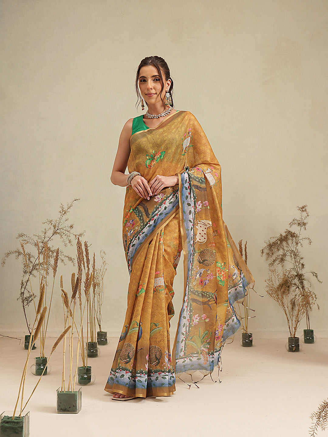 Digital Printed Premium Cotton Blend Chanderi Saree with Traditional Motifs & Tassel