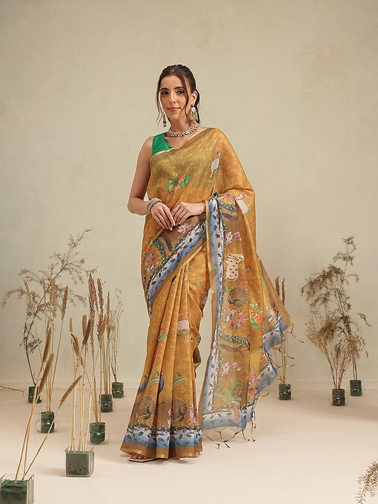 Digital Printed Premium Cotton Blend Chanderi Saree with Traditional Motifs & Tassel