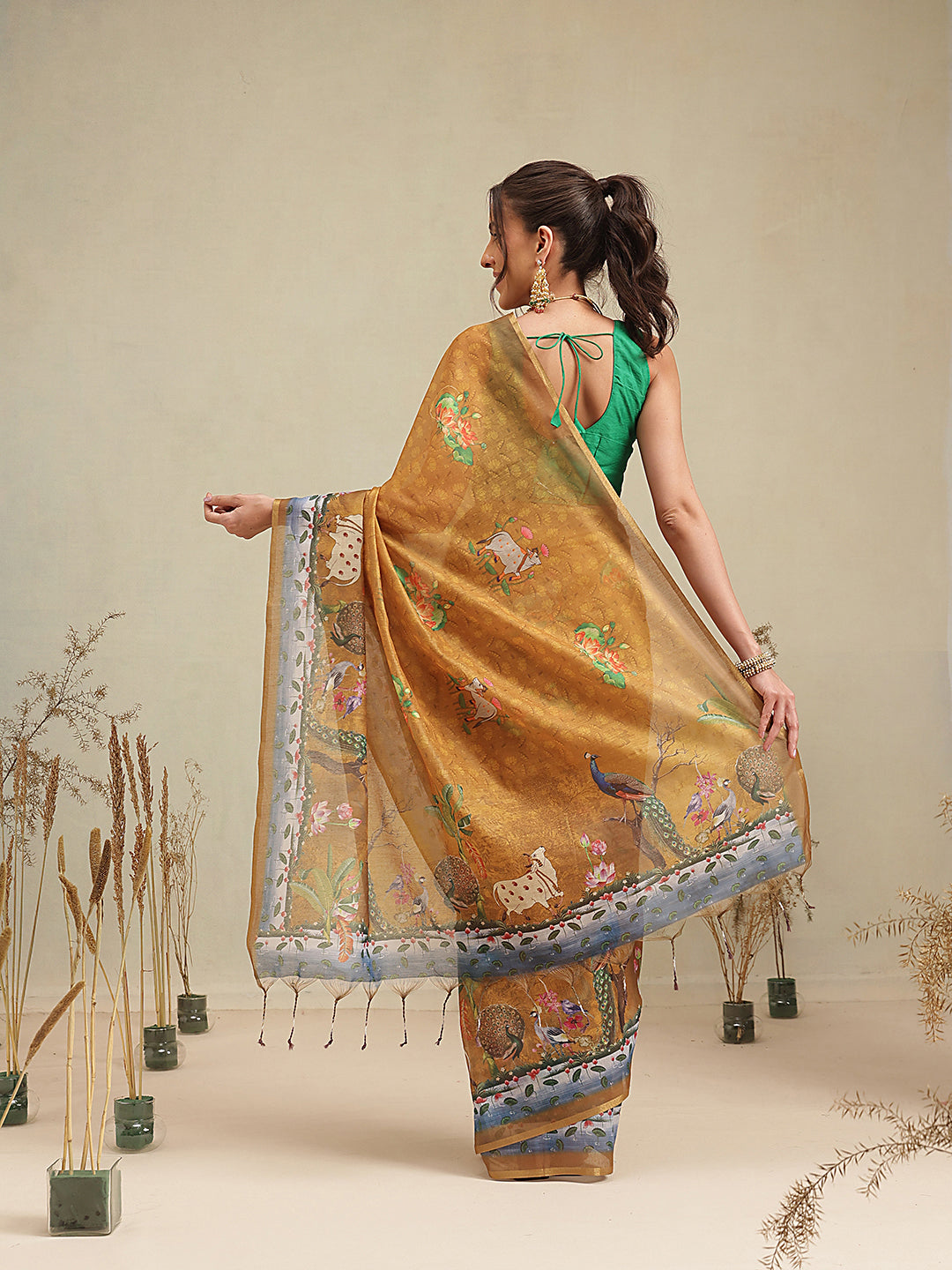 Digital Printed Premium Cotton Blend Chanderi Saree with Traditional Motifs & Tassel