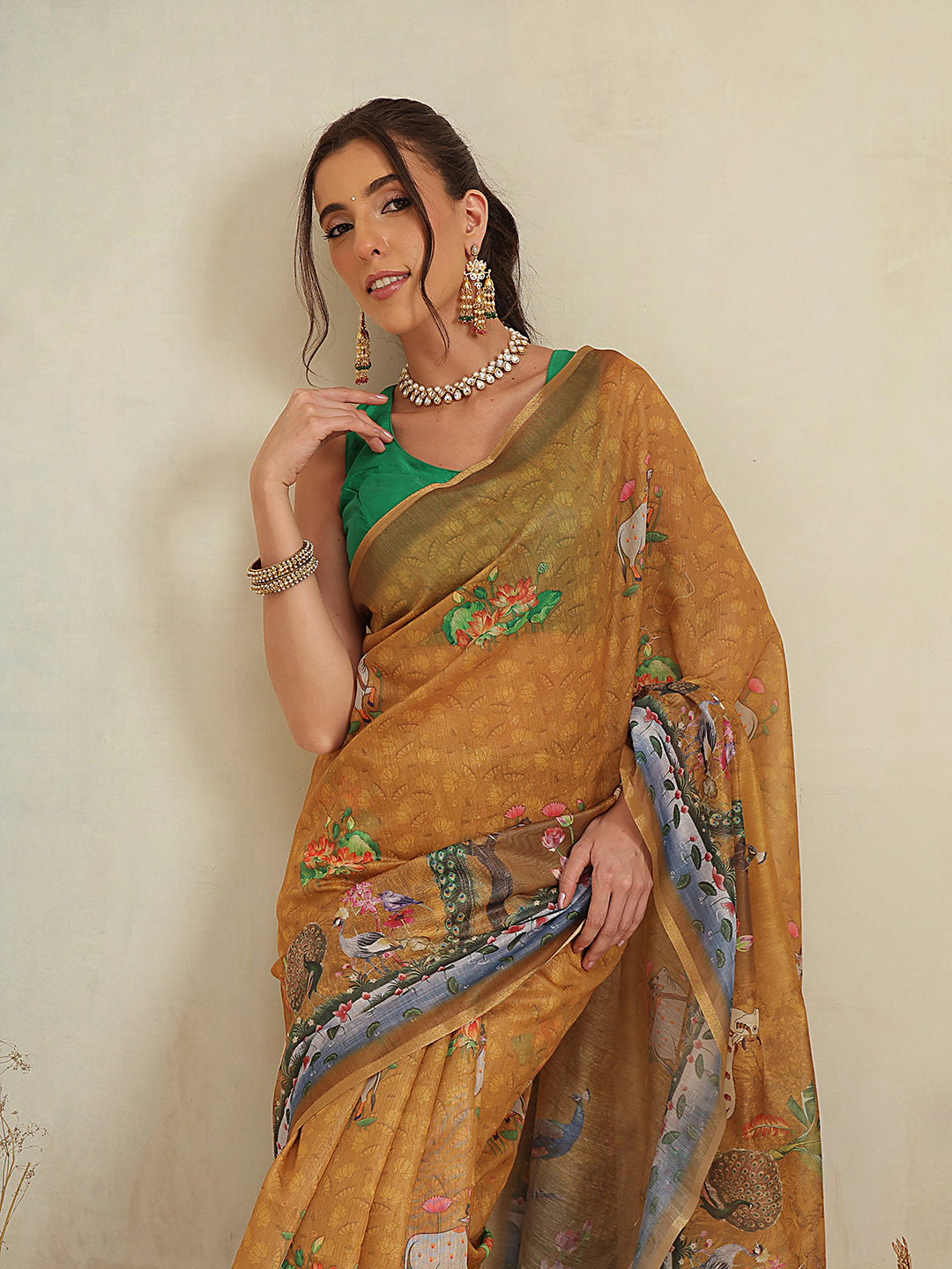 Digital Printed Premium Cotton Blend Chanderi Saree with Traditional Motifs & Tassel