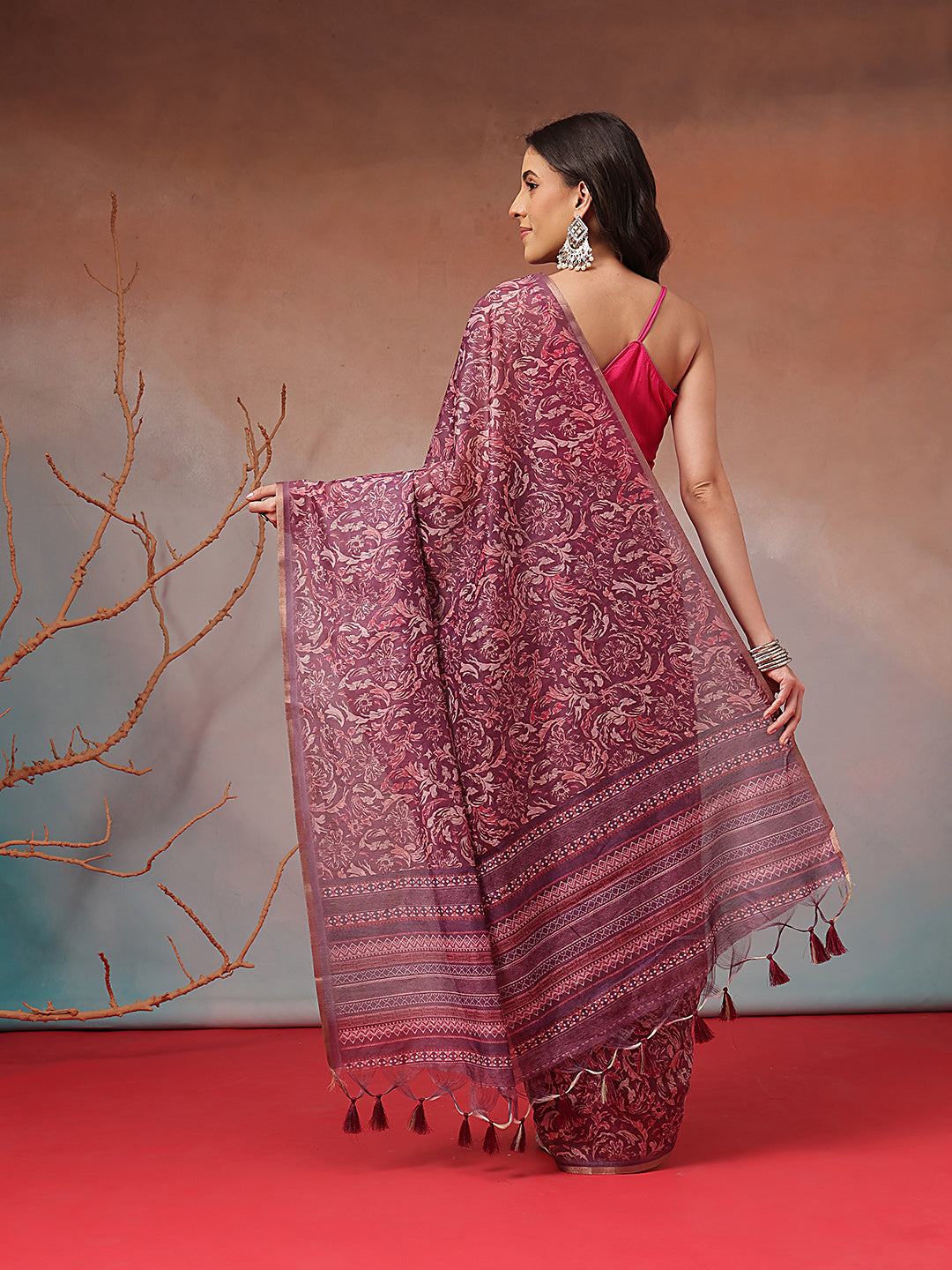 Digital Printed Premium Cotton Blend Chanderi Saree with Traditional Motifs & Tassel