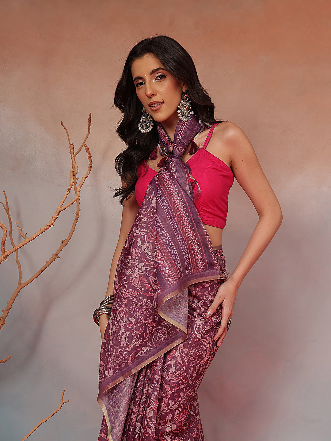 Digital Printed Premium Cotton Blend Chanderi Saree with Traditional Motifs & Tassel