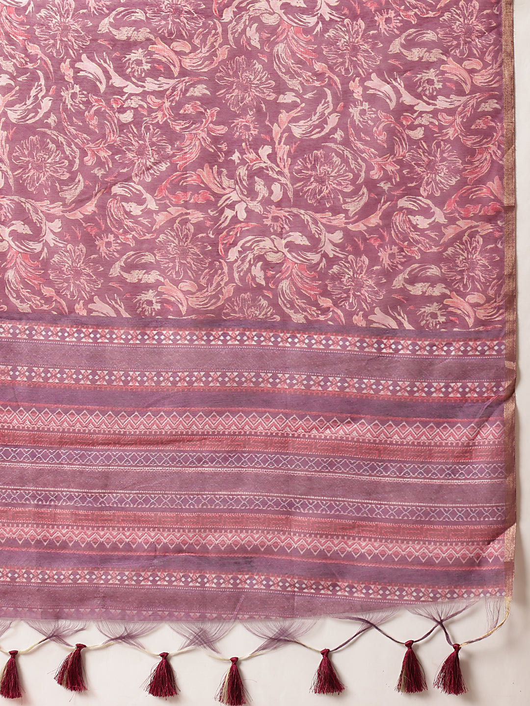 Digital Printed Premium Cotton Blend Chanderi Saree with Traditional Motifs & Tassel