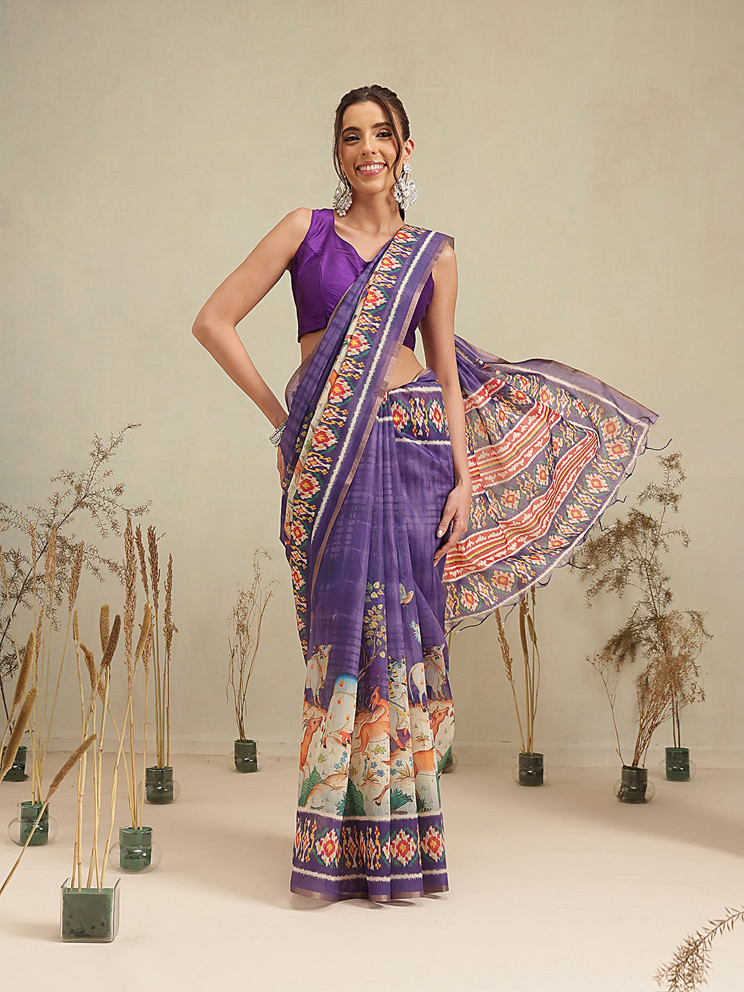 Digital Printed Premium Cotton Blend Chanderi Saree with Traditional Motifs & Tassel