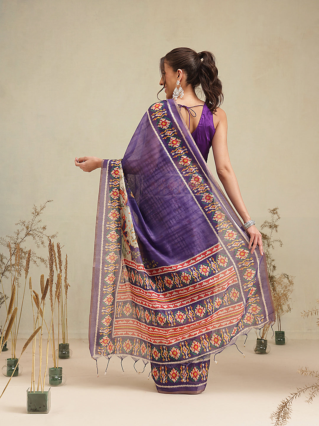 Digital Printed Premium Cotton Blend Chanderi Saree with Traditional Motifs & Tassel