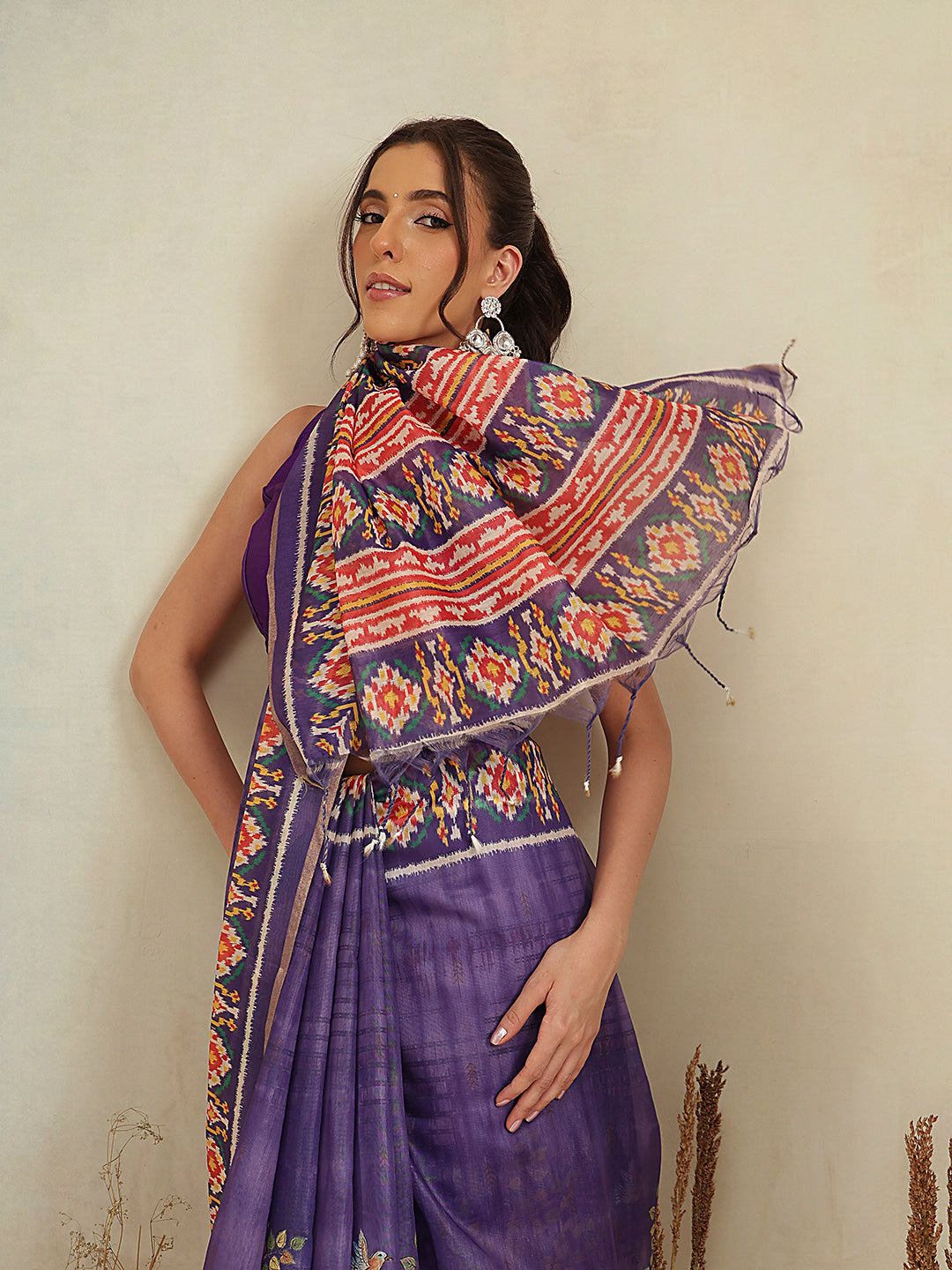 Digital Printed Premium Cotton Blend Chanderi Saree with Traditional Motifs & Tassel