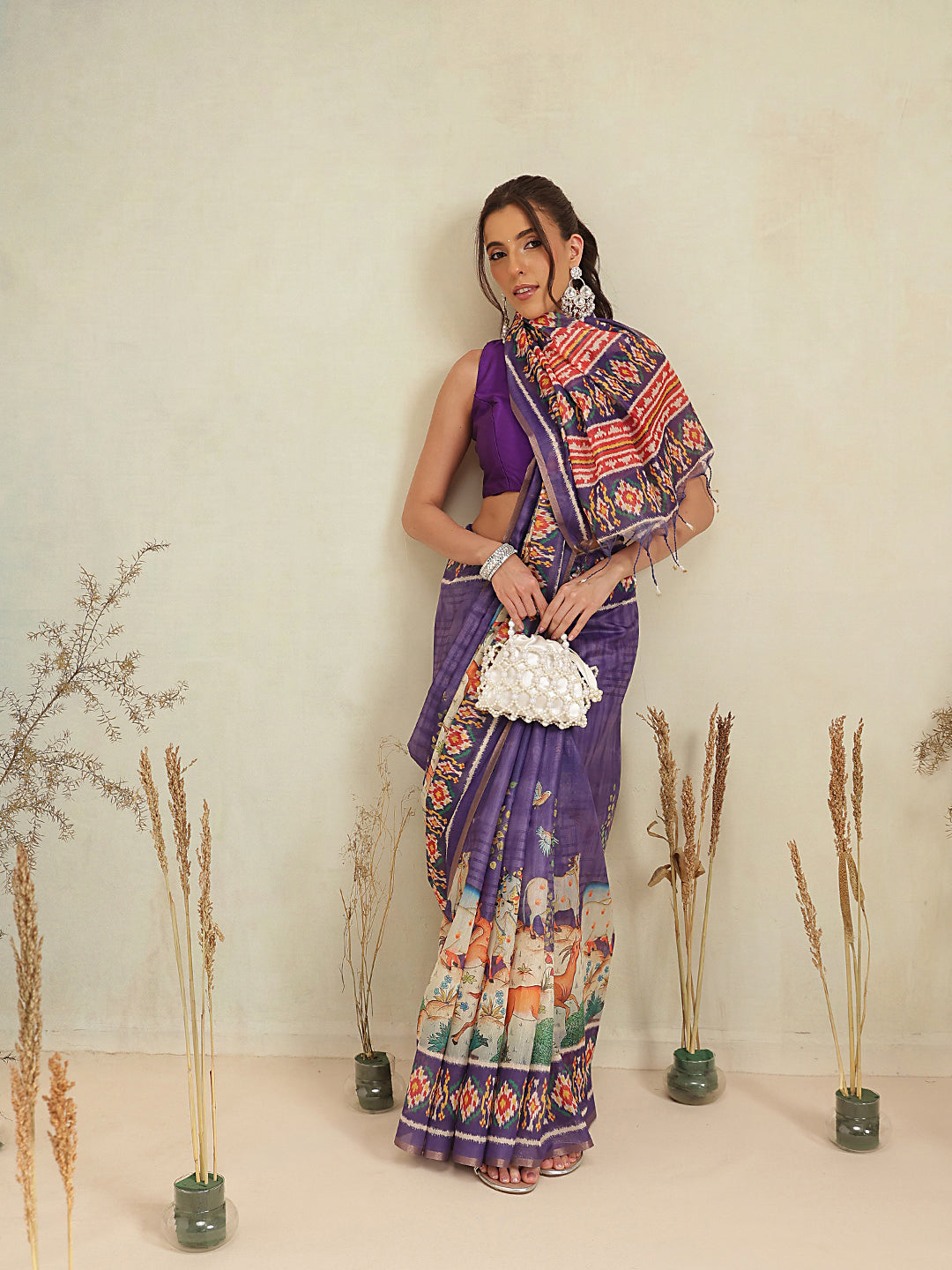 Digital Printed Premium Cotton Blend Chanderi Saree with Traditional Motifs & Tassel