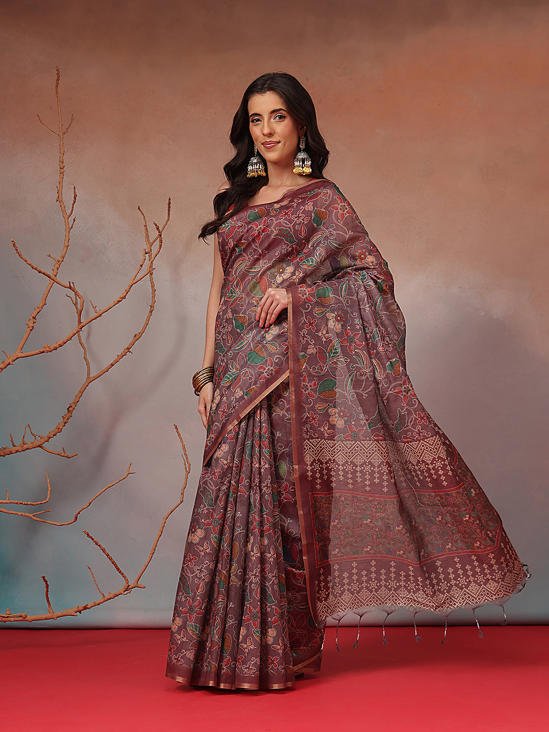 Digital Printed Premium Cotton Blend Chanderi Saree with Traditional Motifs & Tassel