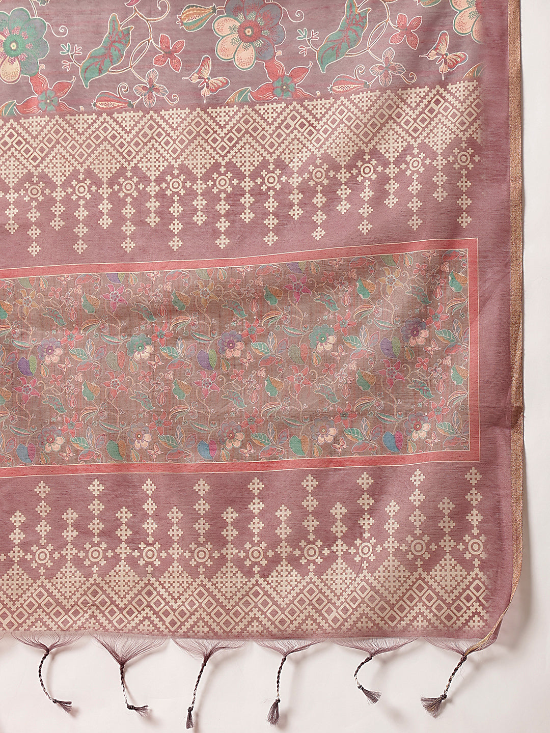 Digital Printed Premium Cotton Blend Chanderi Saree with Traditional Motifs & Tassel