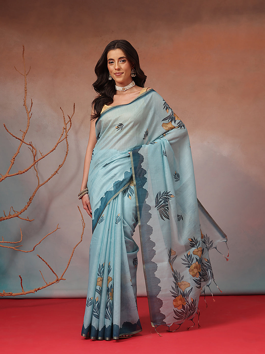 Digital Printed Premium Cotton Blend Chanderi Saree with Traditional Motifs & Tassel