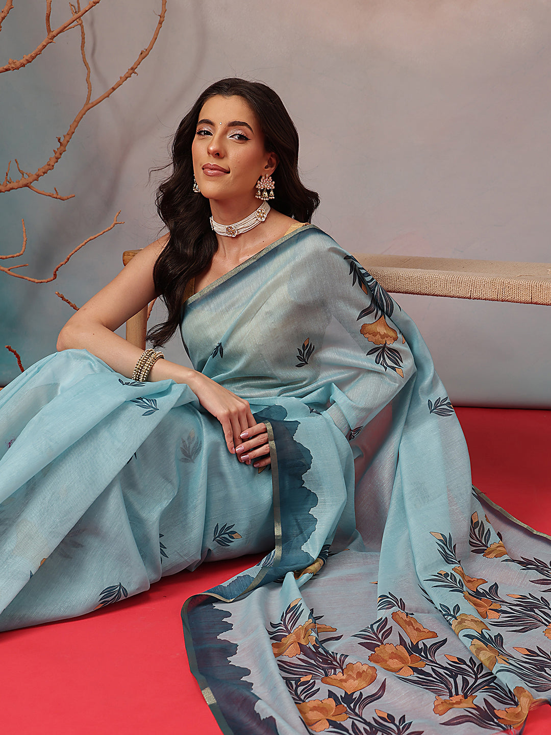 Digital Printed Premium Cotton Blend Chanderi Saree with Traditional Motifs & Tassel