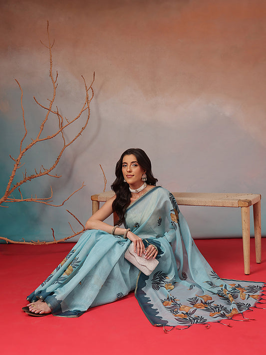 Digital Printed Premium Cotton Blend Chanderi Saree with Traditional Motifs & Tassel