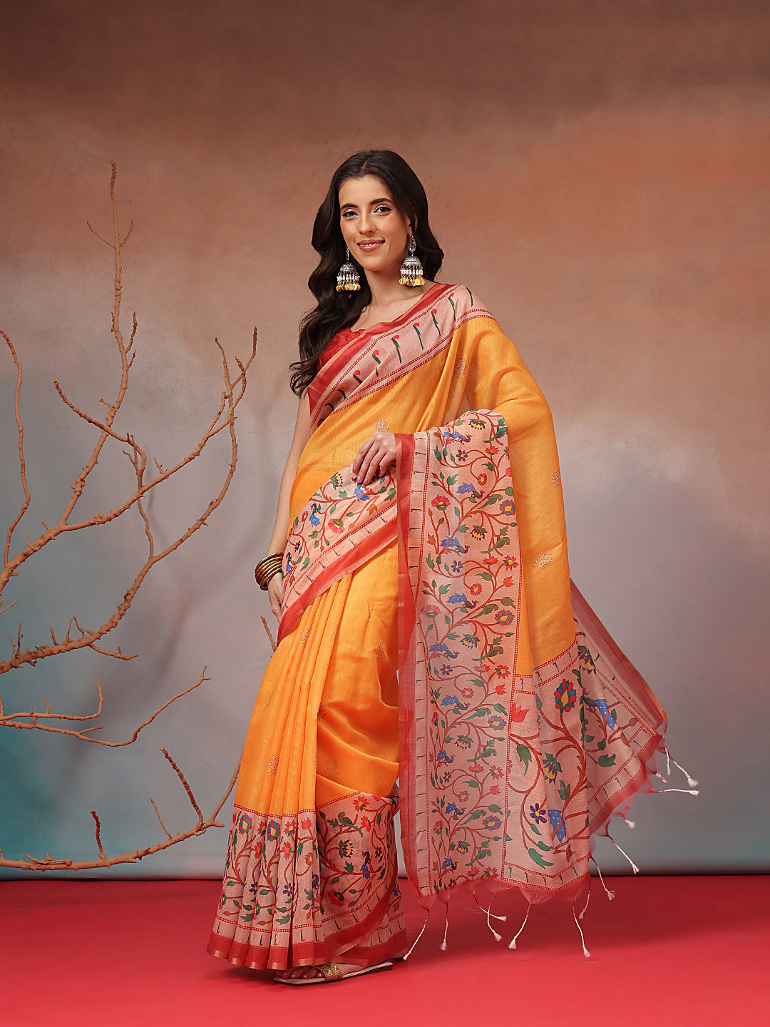 Digital Printed Premium Cotton Blend Chanderi Saree with Traditional Motifs & Tassel