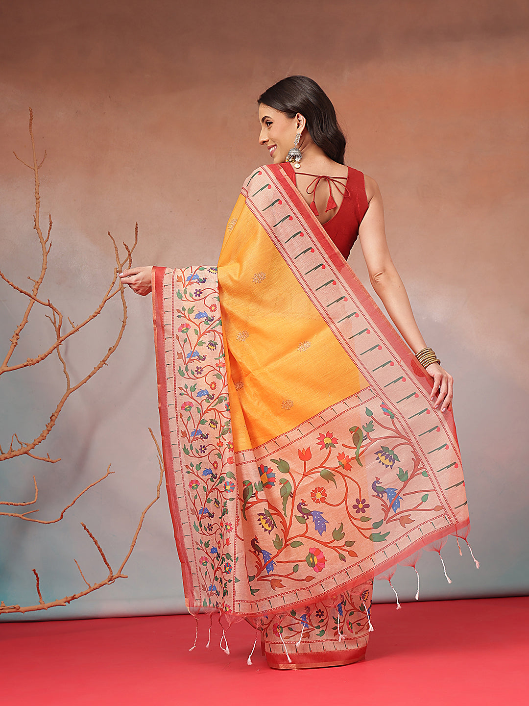 Digital Printed Premium Cotton Blend Chanderi Saree with Traditional Motifs & Tassel