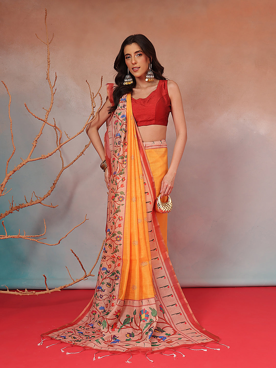 Digital Printed Premium Cotton Blend Chanderi Saree with Traditional Motifs & Tassel