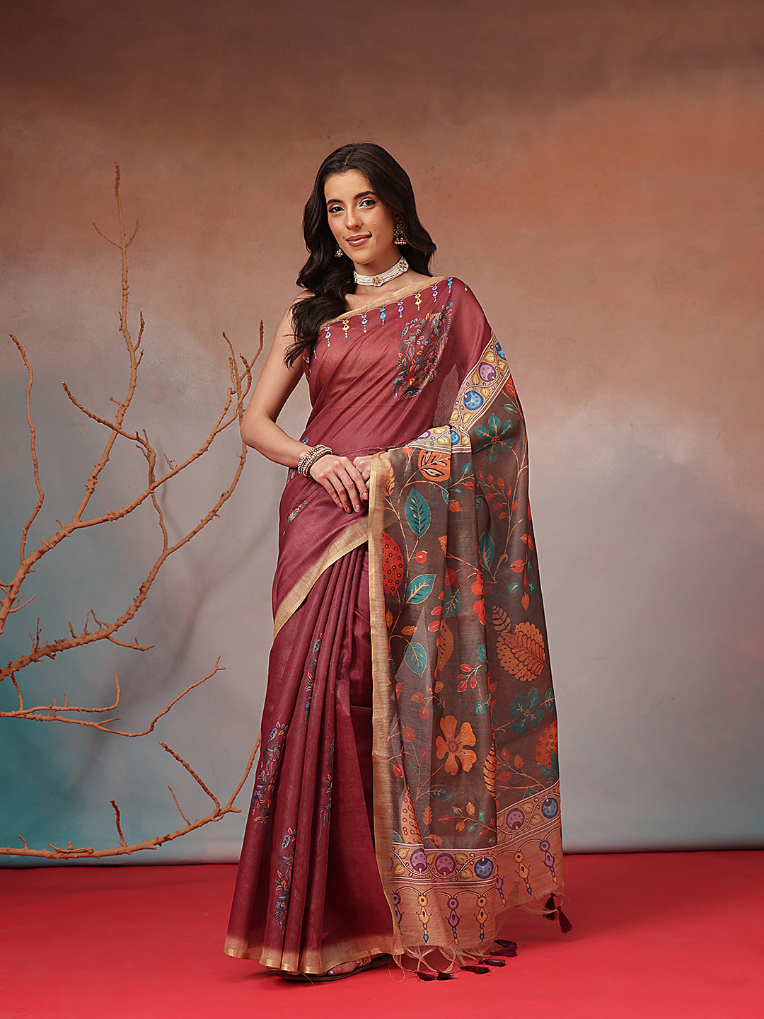 Digital Printed Premium Cotton Blend Chanderi Saree with Traditional Motifs & Tassel