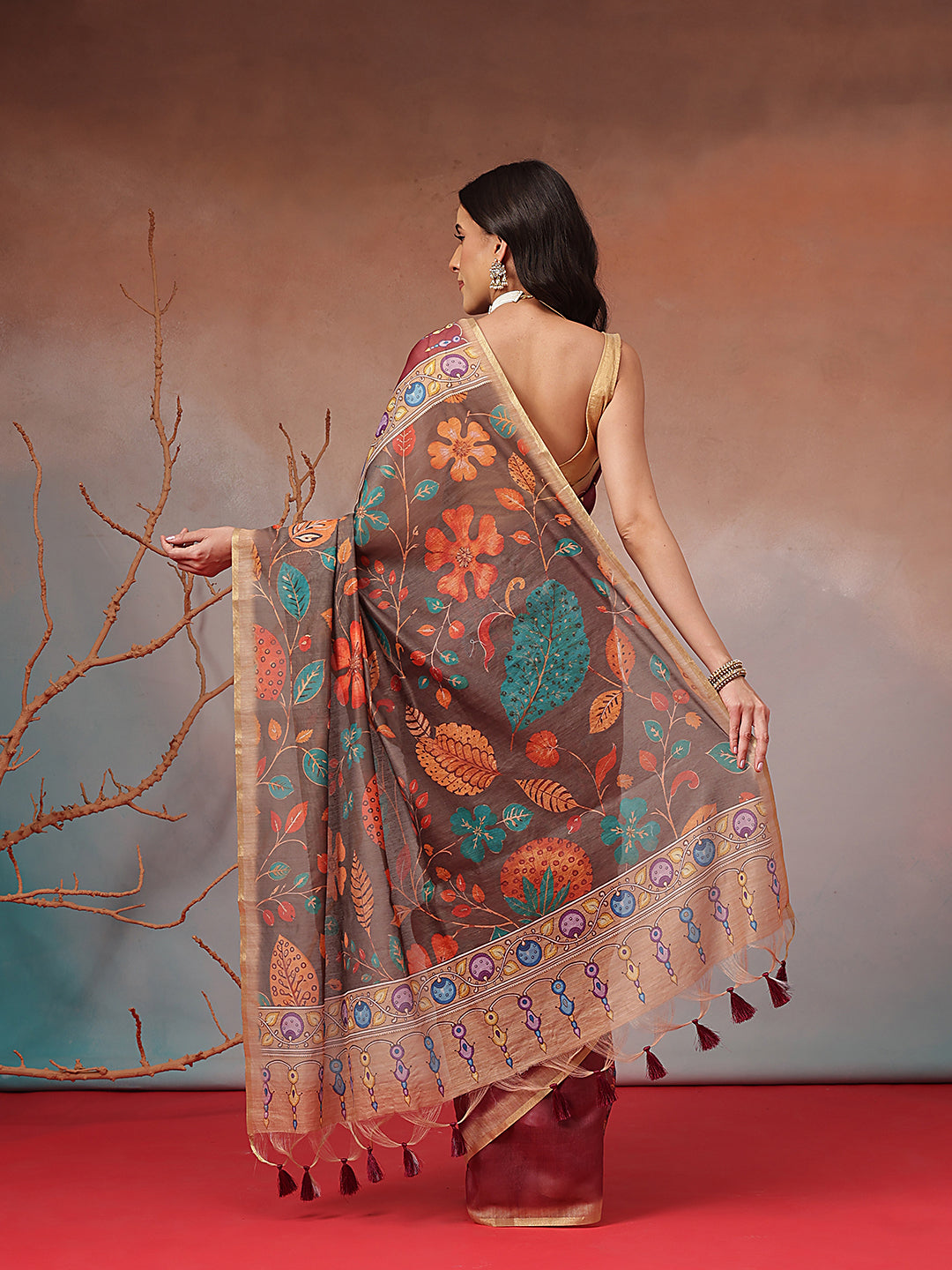 Digital Printed Premium Cotton Blend Chanderi Saree with Traditional Motifs & Tassel