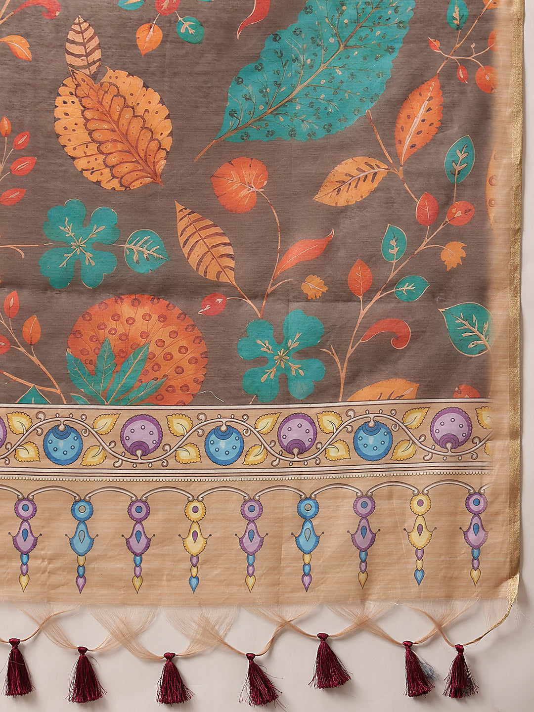 Digital Printed Premium Cotton Blend Chanderi Saree with Traditional Motifs & Tassel