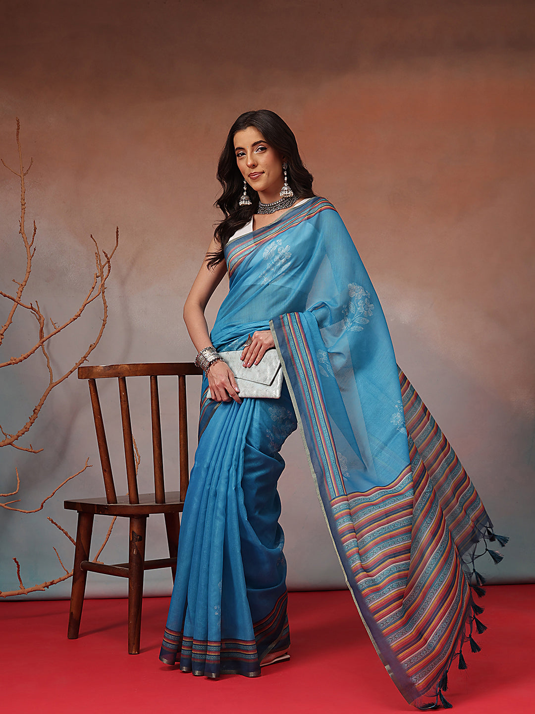 Digital Printed Premium Cotton Blend Chanderi Saree with Traditional Motifs & Tassel