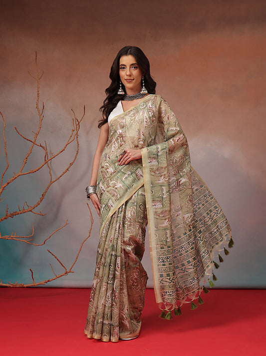 Digital Printed Premium Cotton Blend Chanderi Saree with Traditional Motifs & Tassel