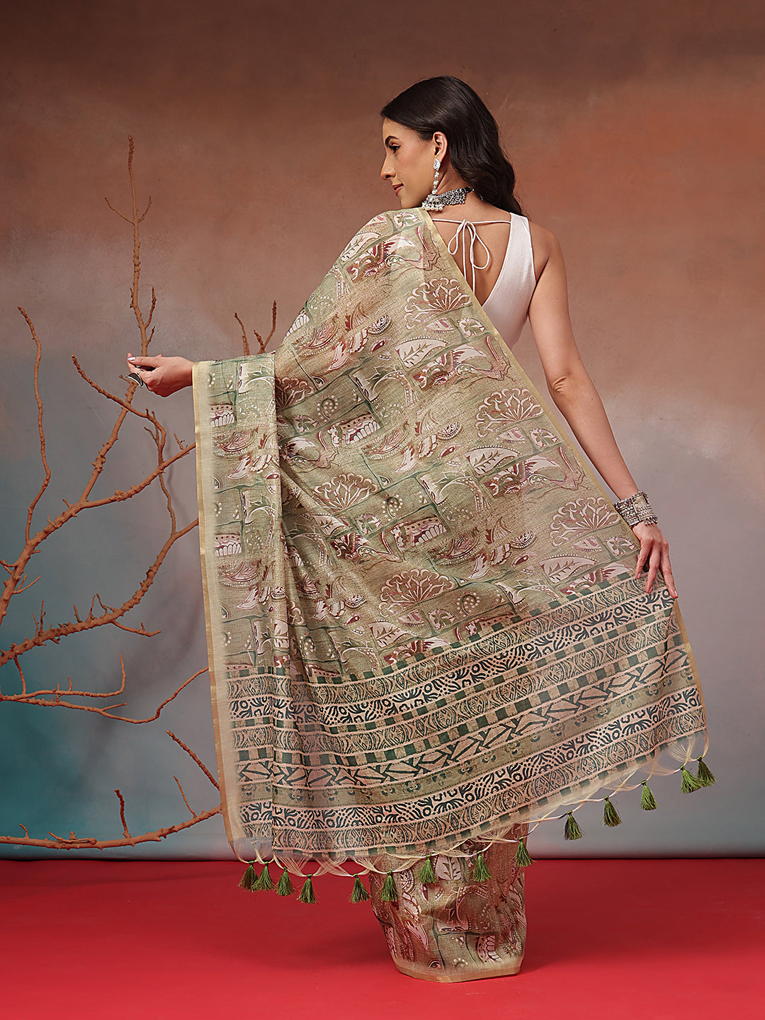 Digital Printed Premium Cotton Blend Chanderi Saree with Traditional Motifs & Tassel