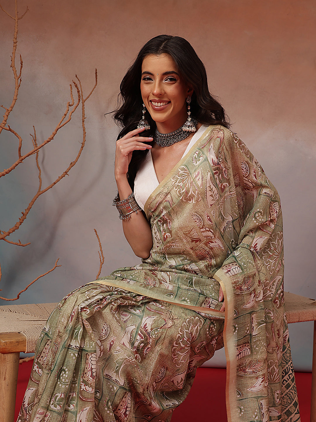 Digital Printed Premium Cotton Blend Chanderi Saree with Traditional Motifs & Tassel
