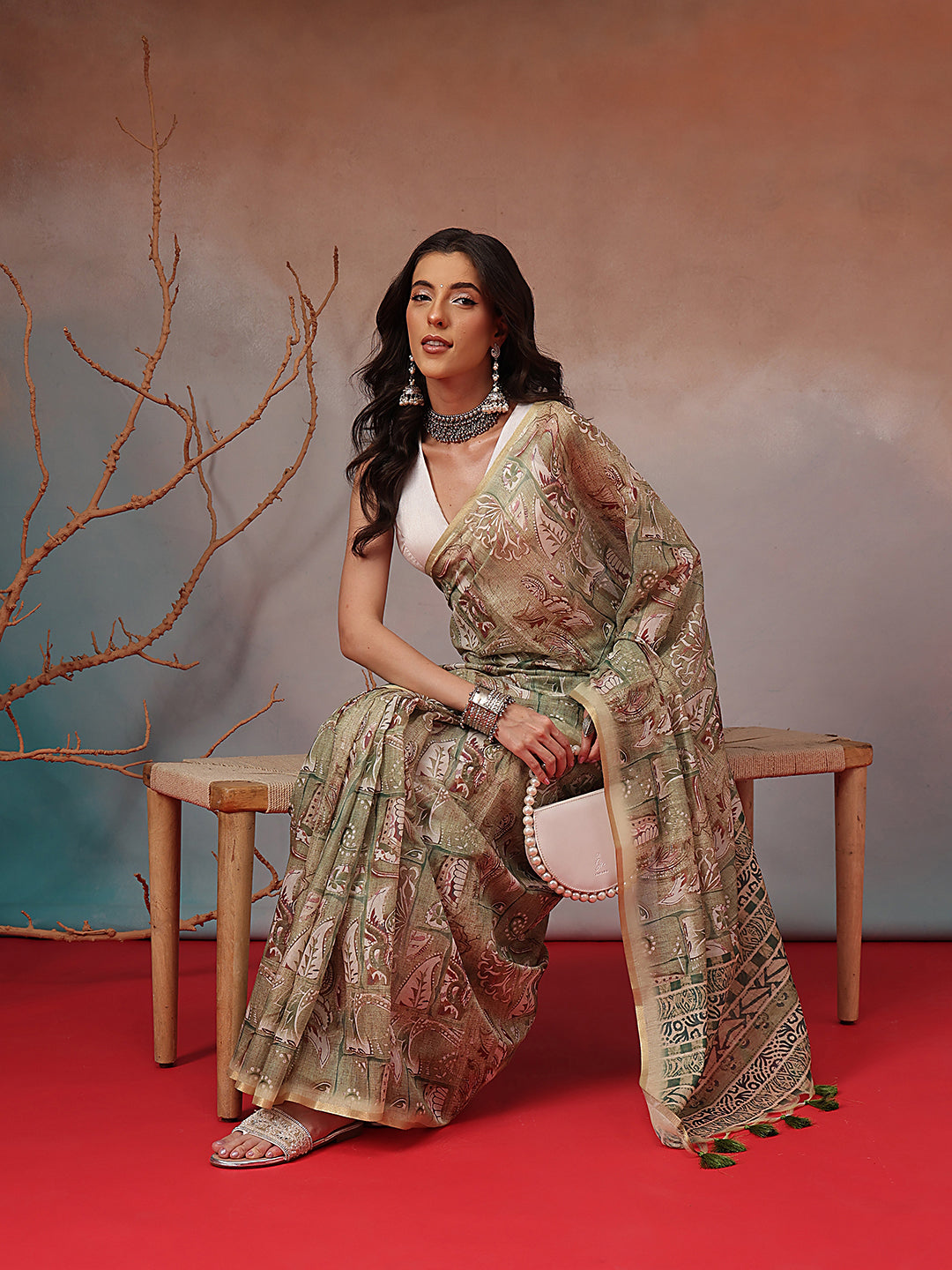 Digital Printed Premium Cotton Blend Chanderi Saree with Traditional Motifs & Tassel