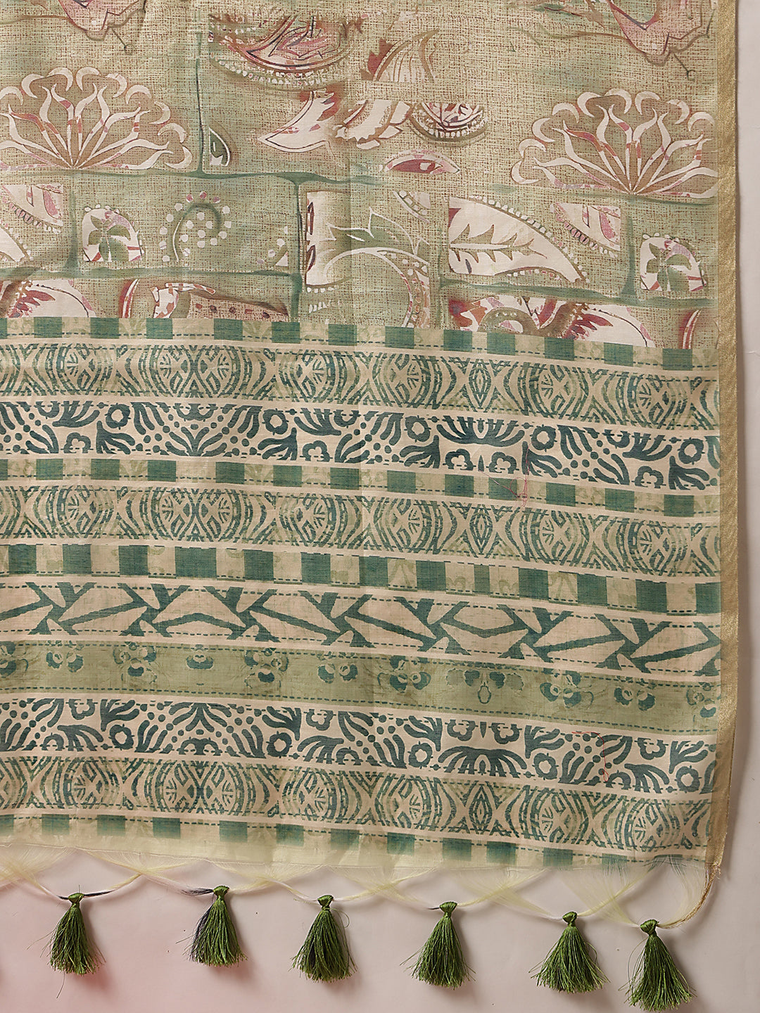 Digital Printed Premium Cotton Blend Chanderi Saree with Traditional Motifs & Tassel