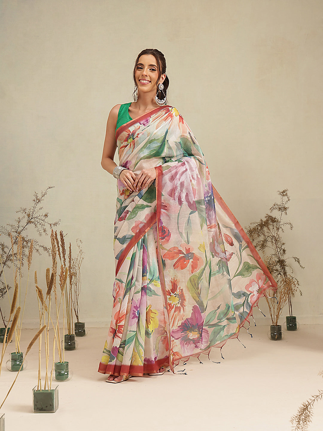 Digital Printed Premium Cotton Blend Chanderi Saree with Traditional Motifs & Tassel