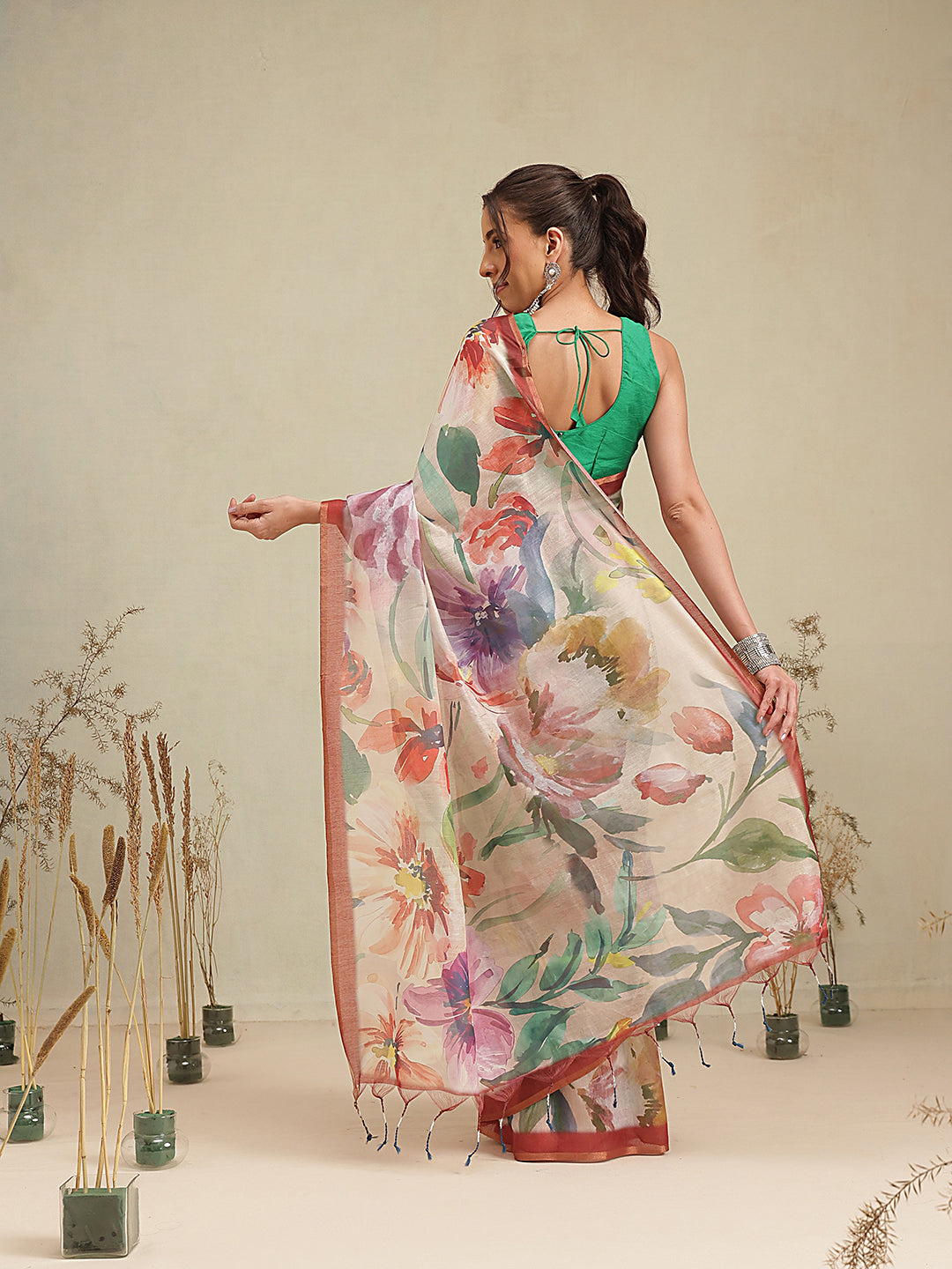 Digital Printed Premium Cotton Blend Chanderi Saree with Traditional Motifs & Tassel