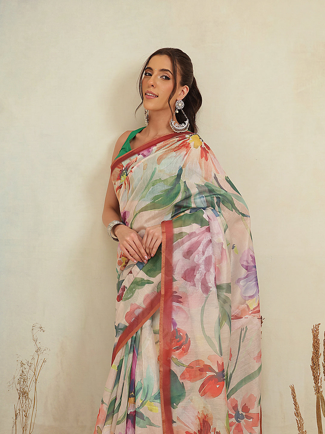 Digital Printed Premium Cotton Blend Chanderi Saree with Traditional Motifs & Tassel
