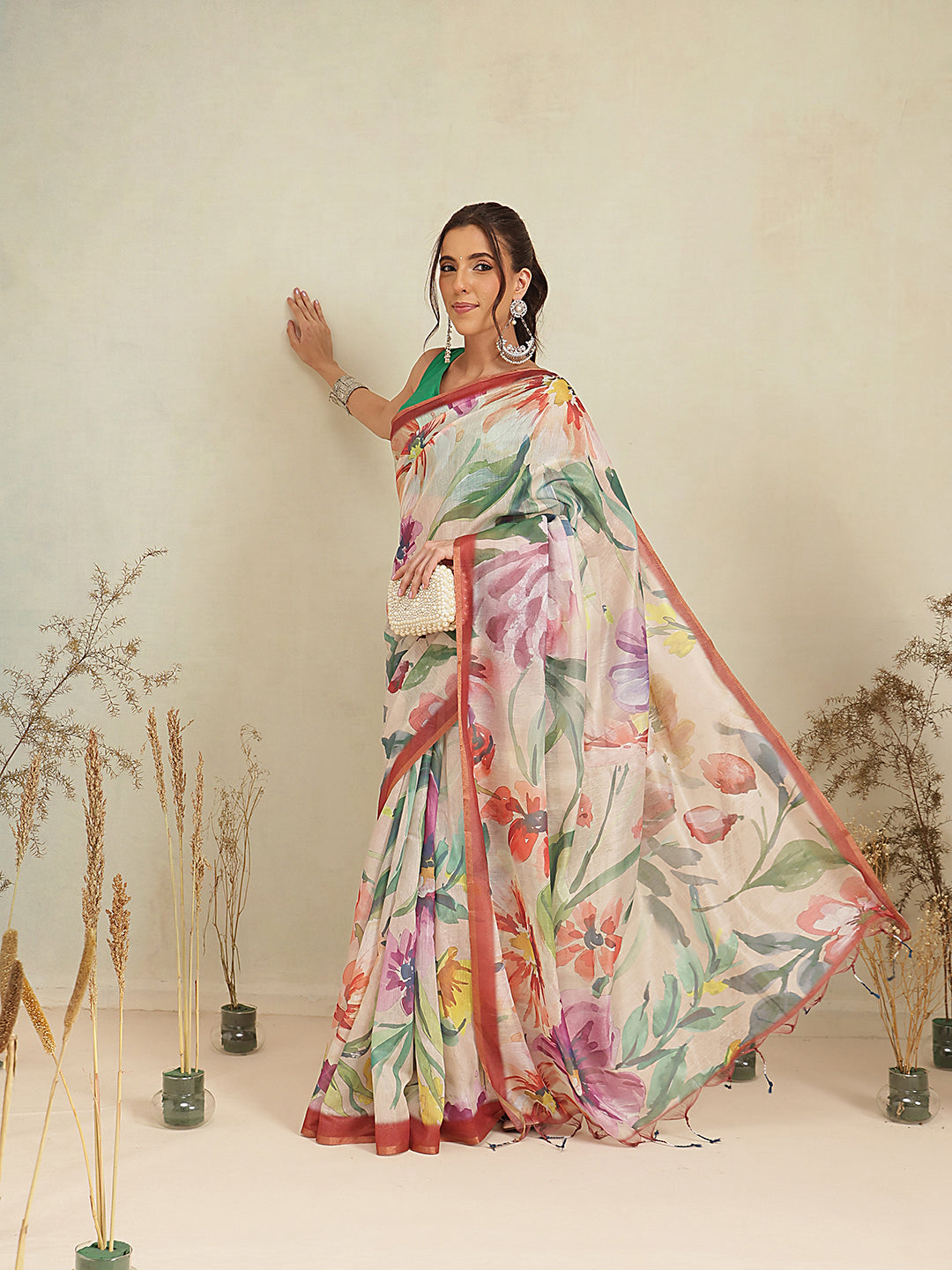 Digital Printed Premium Cotton Blend Chanderi Saree with Traditional Motifs & Tassel