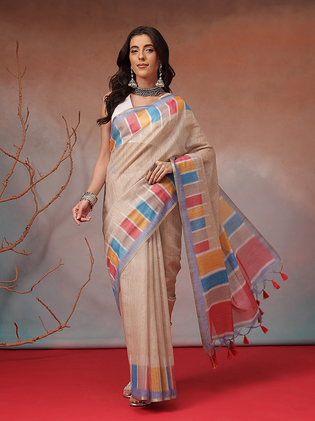 Digital Printed Premium Cotton Blend Chanderi Saree with Traditional Motifs & Tassel