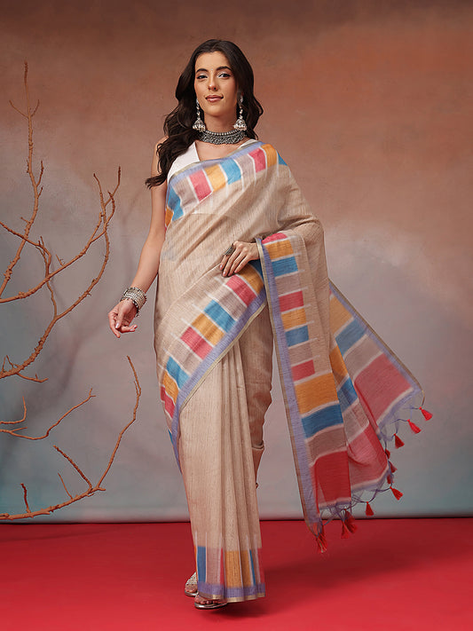 Digital Printed Premium Cotton Blend Chanderi Saree with Traditional Motifs & Tassel