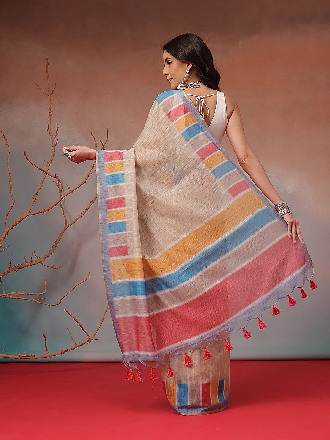 Digital Printed Premium Cotton Blend Chanderi Saree with Traditional Motifs & Tassel