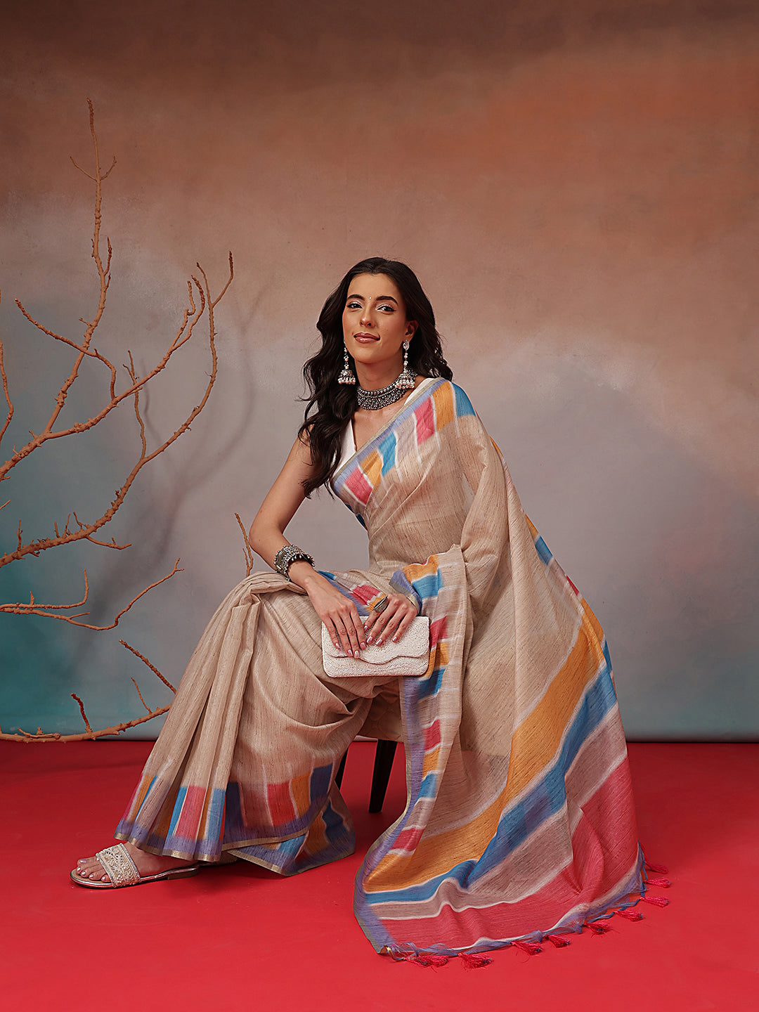 Digital Printed Premium Cotton Blend Chanderi Saree with Traditional Motifs & Tassel
