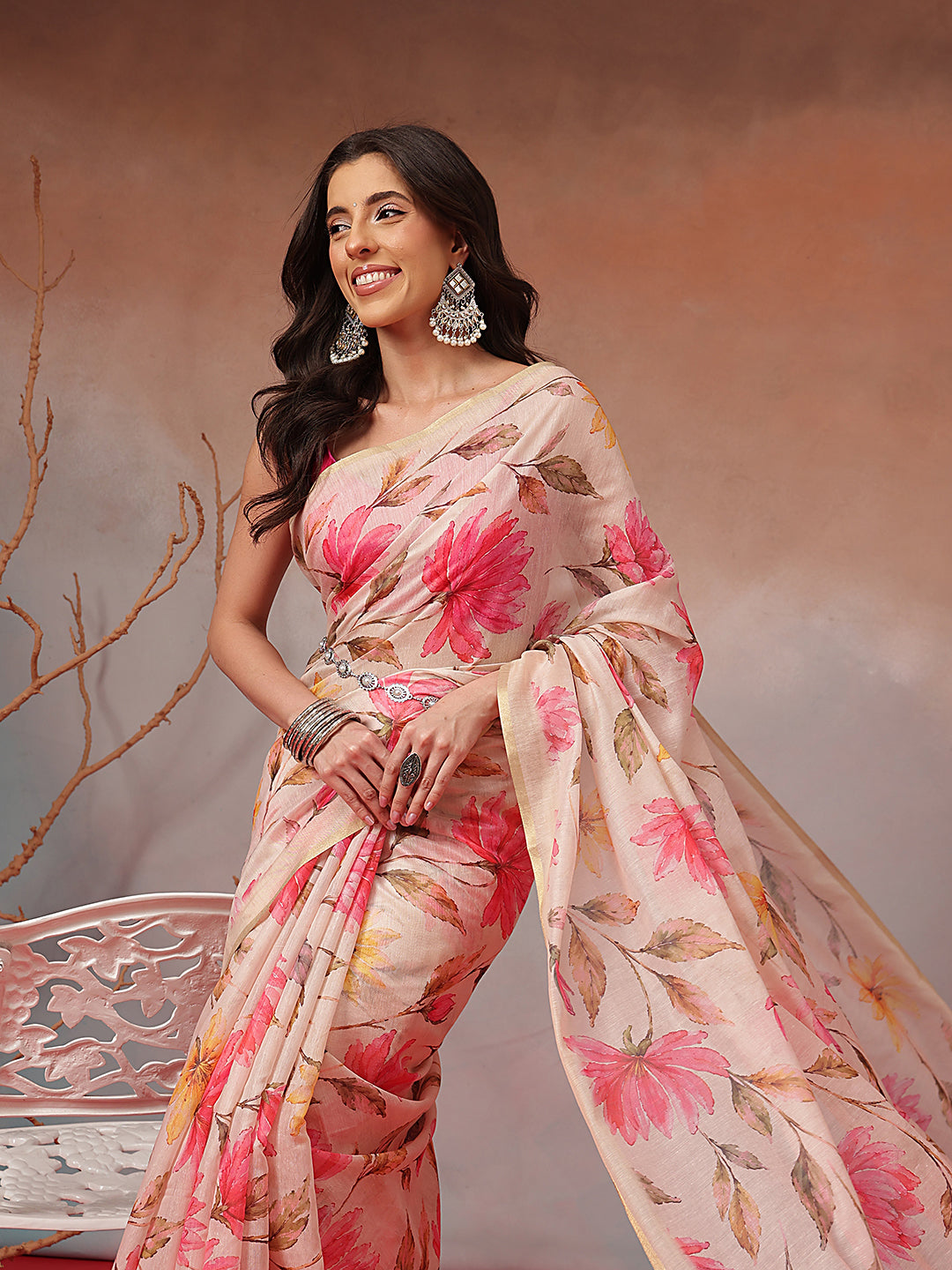Digital Printed Premium Cotton Blend Chanderi Saree with Traditional Motifs & Tassel